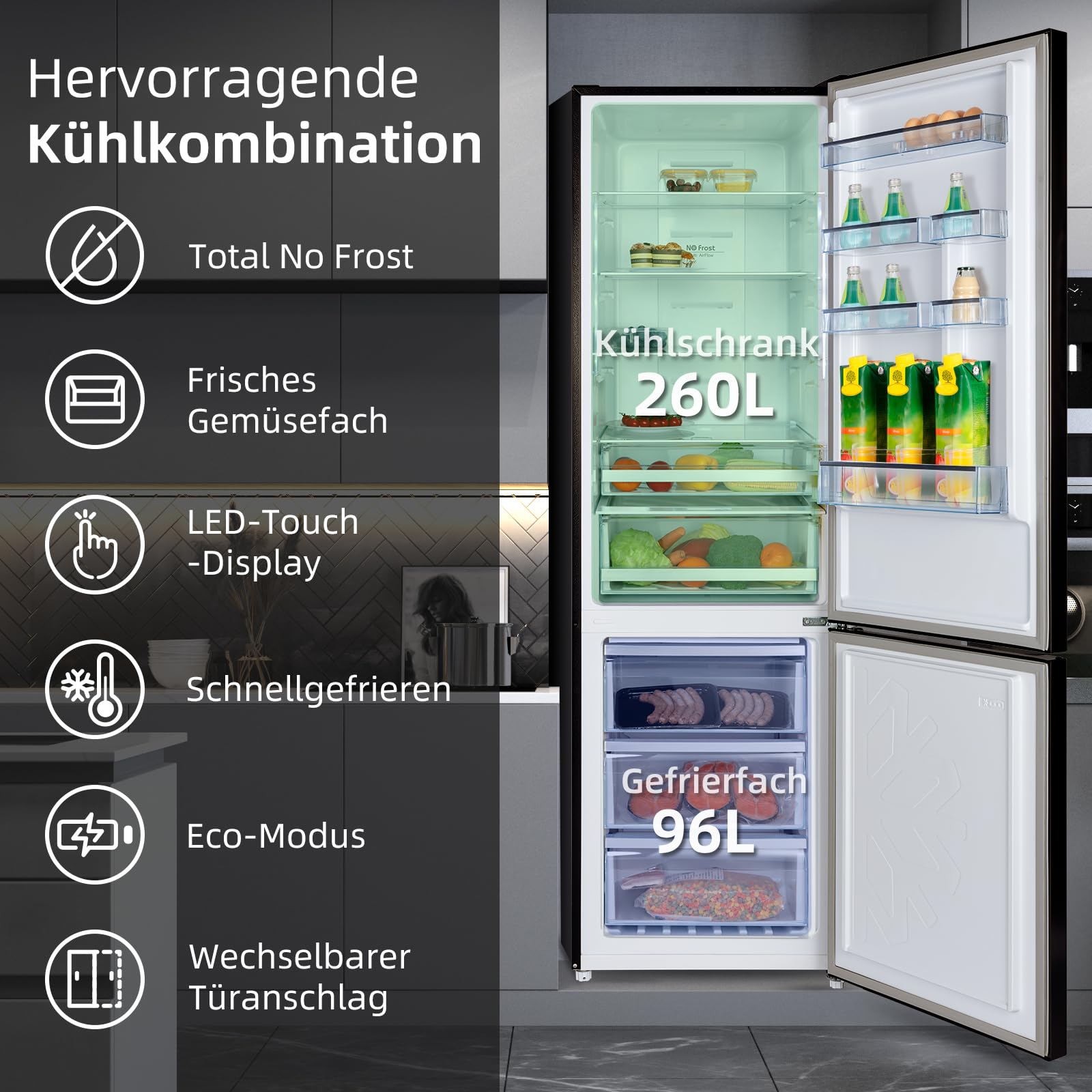 CHIQ Kühlschrank mit Gefrierfach No Frost | 356 L | 200 cm H, 60 cm B, 63 cm T| Smart Kontrol, Eco Mode, Leise 35 dB | 4-Sterne-Gefrieren, Schnellkühlung, LED-Touch-Display | FBM351NEI42 3
