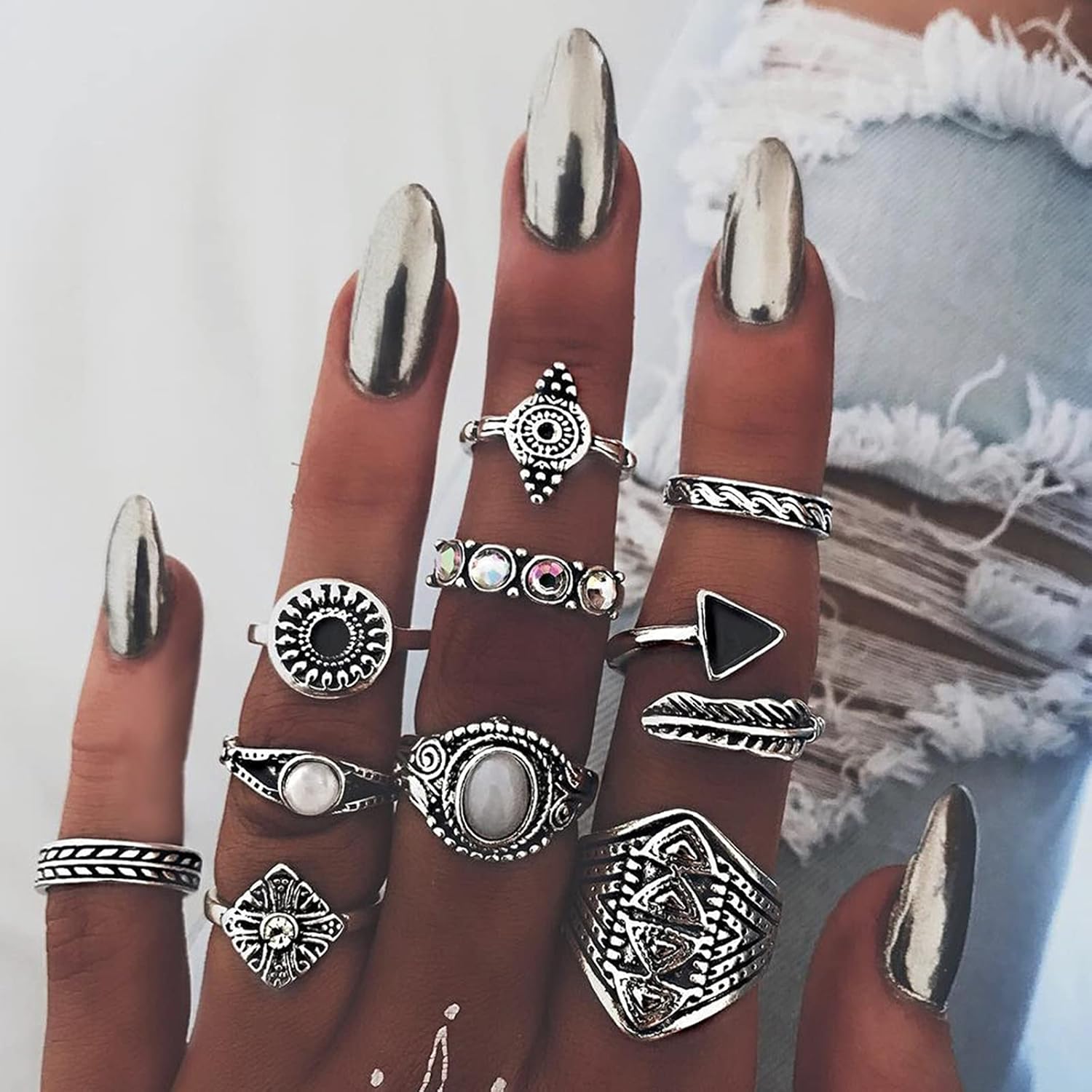 74 Pcs Vintage Stackable Knuckle Rings Set for Women/Girl, Bohemian Silver Plated Simple Stacking Finger Rings Pack (Retro Silver): Clothing