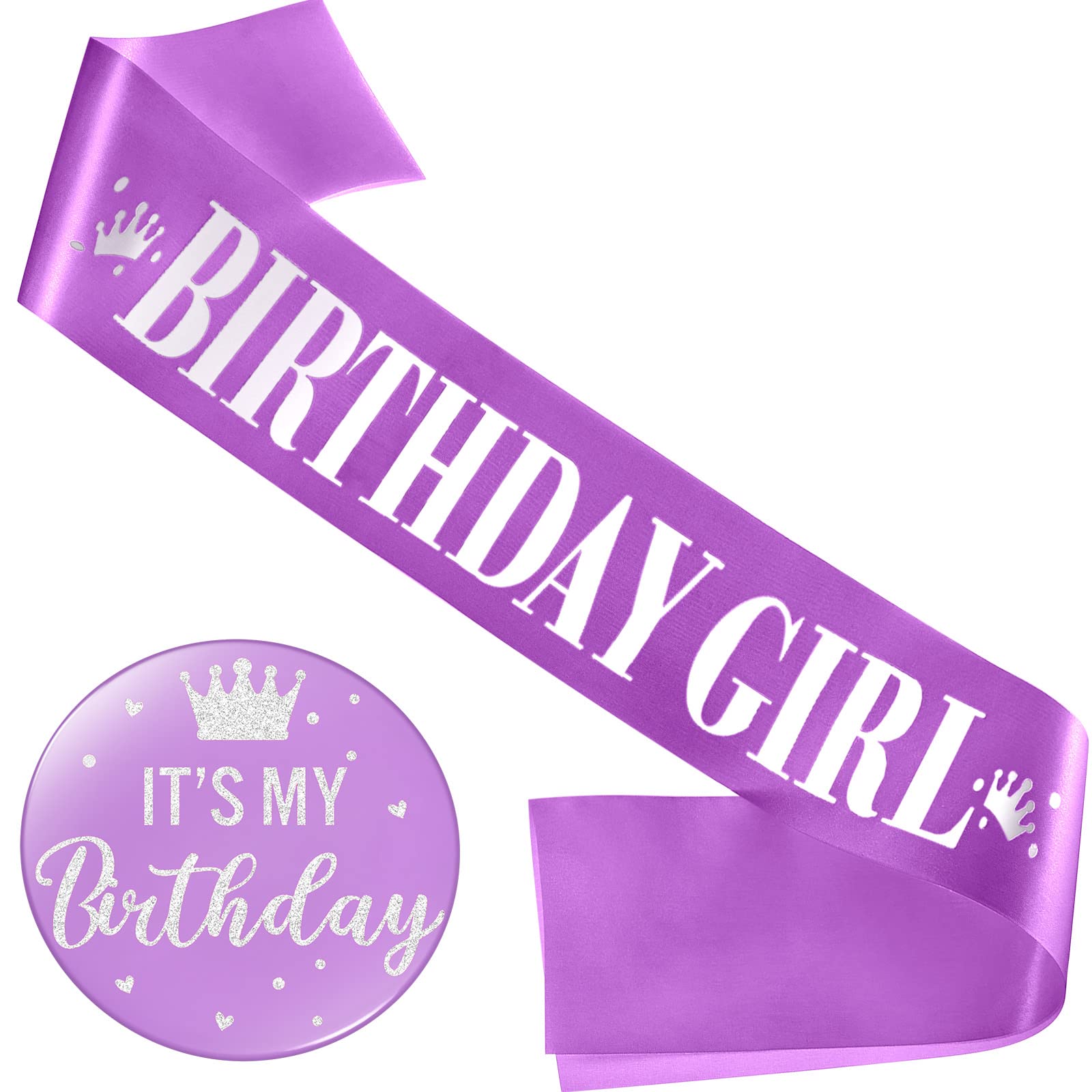 Yaomiao Women's Birthday Sash with Glittery Metal Rose Pin - Its My Birthday Button, Rosegold Badge for Party Decoration (Purple)