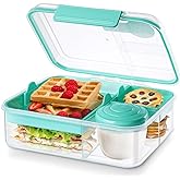 ANDMOON Meal Prep Containers Reusable, Snackle Box Container Bento Box Adult, Bento Lunch Box with 2 Removable Trays, and Salad Dressing Container, 55.75 oz/1.65L Size (Minty Teal/55.75 oz)