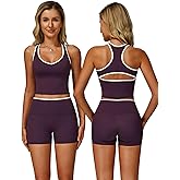 ABOCIW Workout Sets for Women 2 Piece Color Block V Neck Racerback Tank Top Built in Bra High Waist Shorts