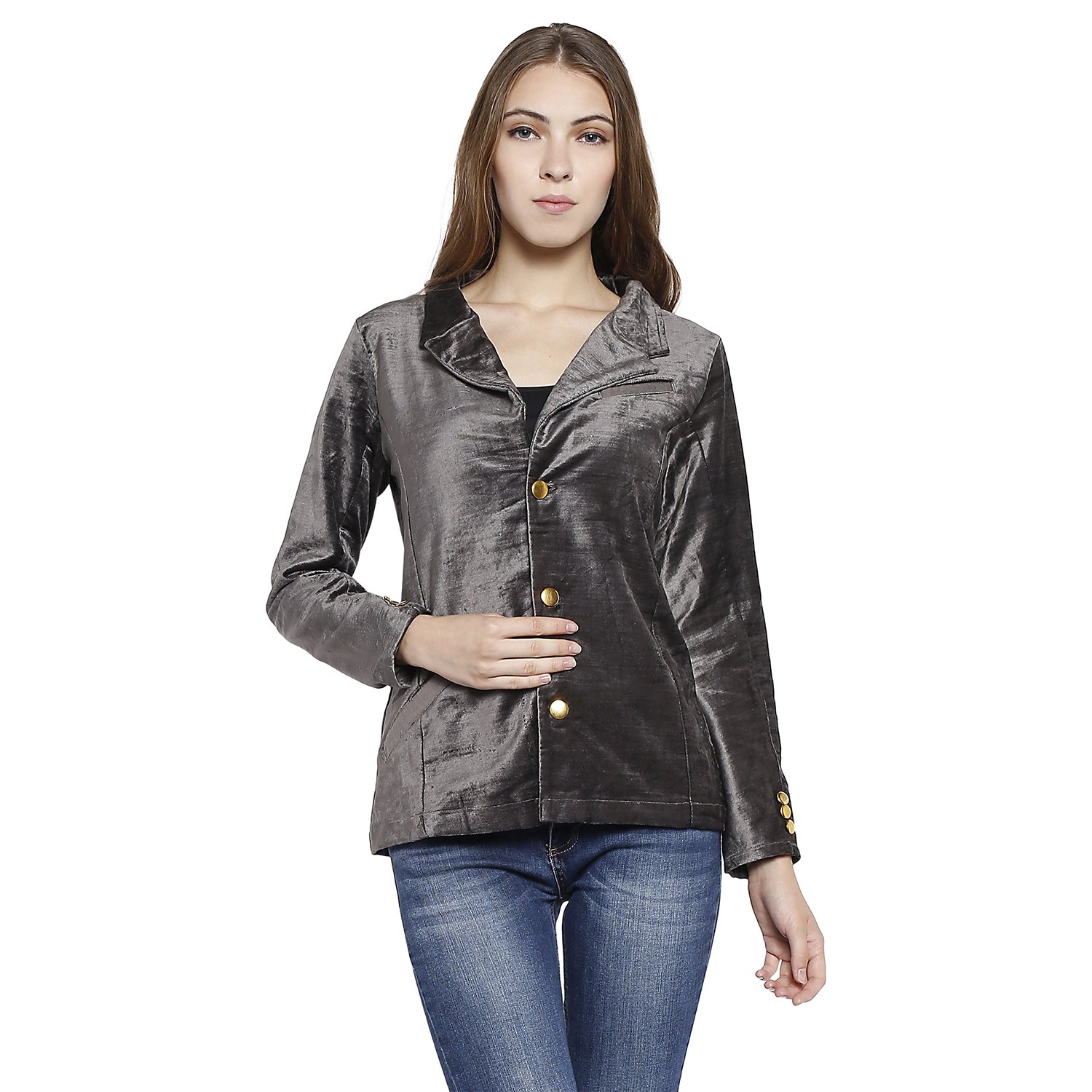 tuffstars women's solid full sleeve grey blazer with golden button