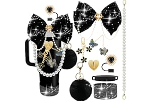 LBU Bling Stanley Cup Accessories for 40/30/20 oz Tumbler with Handle Including Glitter Bow Straw Topper, Heart Straw Cover, Pearl Water Bottle Handle Strap, Boot, Pom-Pom, Keychain Charms(Black)