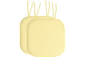 Sweet Home Collection Chair Cushion Memory Foam Pads with Ties Honeycomb Pattern Slip Non Skid Rubber Back Rounded Square 16" x 16" Seat Cover, 2 Pack, Yellow