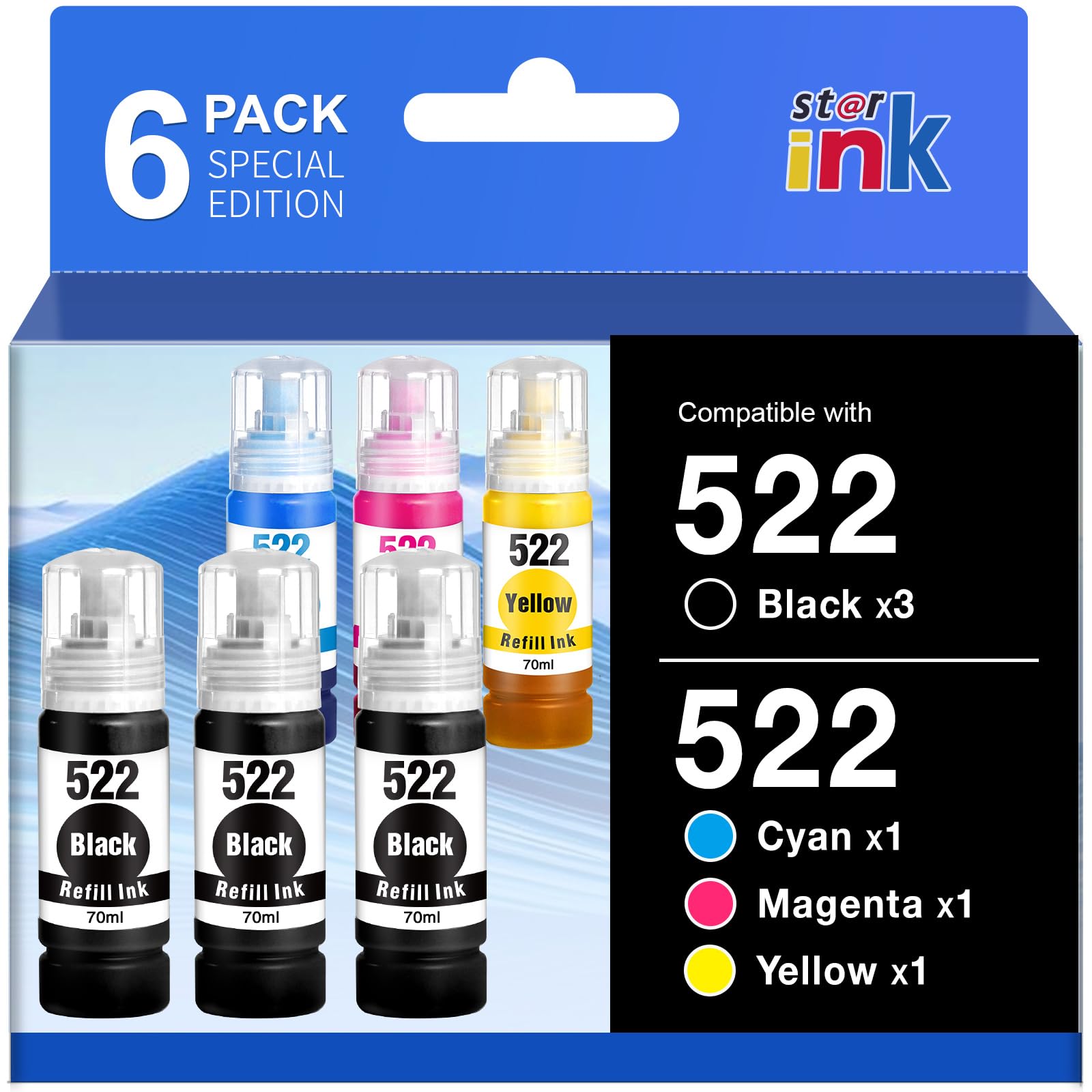 Photo 1 of 522 Ink Refill Bottles High Capacity (6 Bottles) ET-2800 ET-2400 ET-4800 Replacements for Epson 522 Ink Compatible for Epson Ecotank ET-2800 ET-2400 ET-2803 ET-2720 ET-4700 ET-4810 ET-4800 Printer Ink