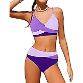 WIQI Girls Swimsuit Bikini Set 2 Piece Bathing Suits Color Block Criss Cross Swimwear Size 9-16