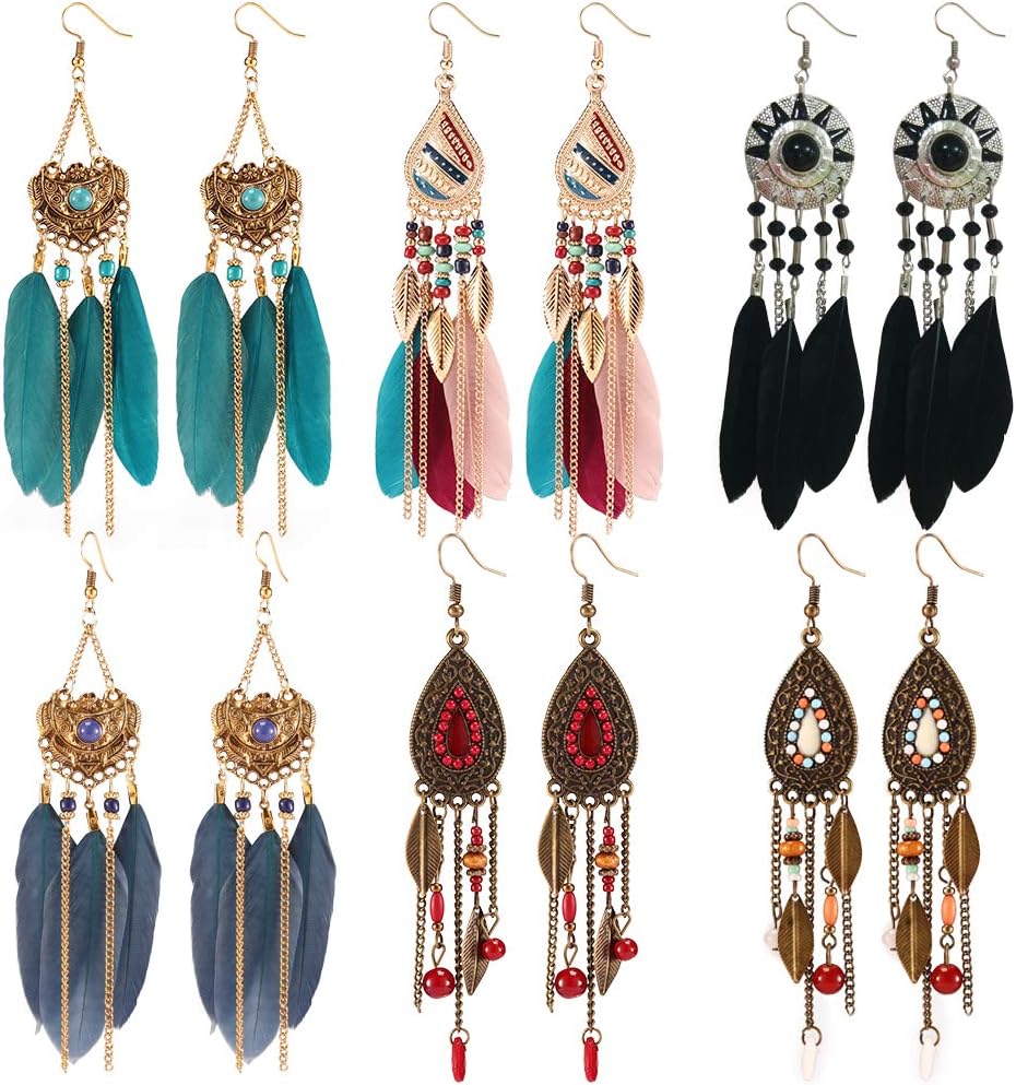 6 Pairs Women Faux Feather Earrings Vintage Bbohemian Tassel Earrings Tassel Feather Dream Catcher Long Earrings Set Designed for Female Girls