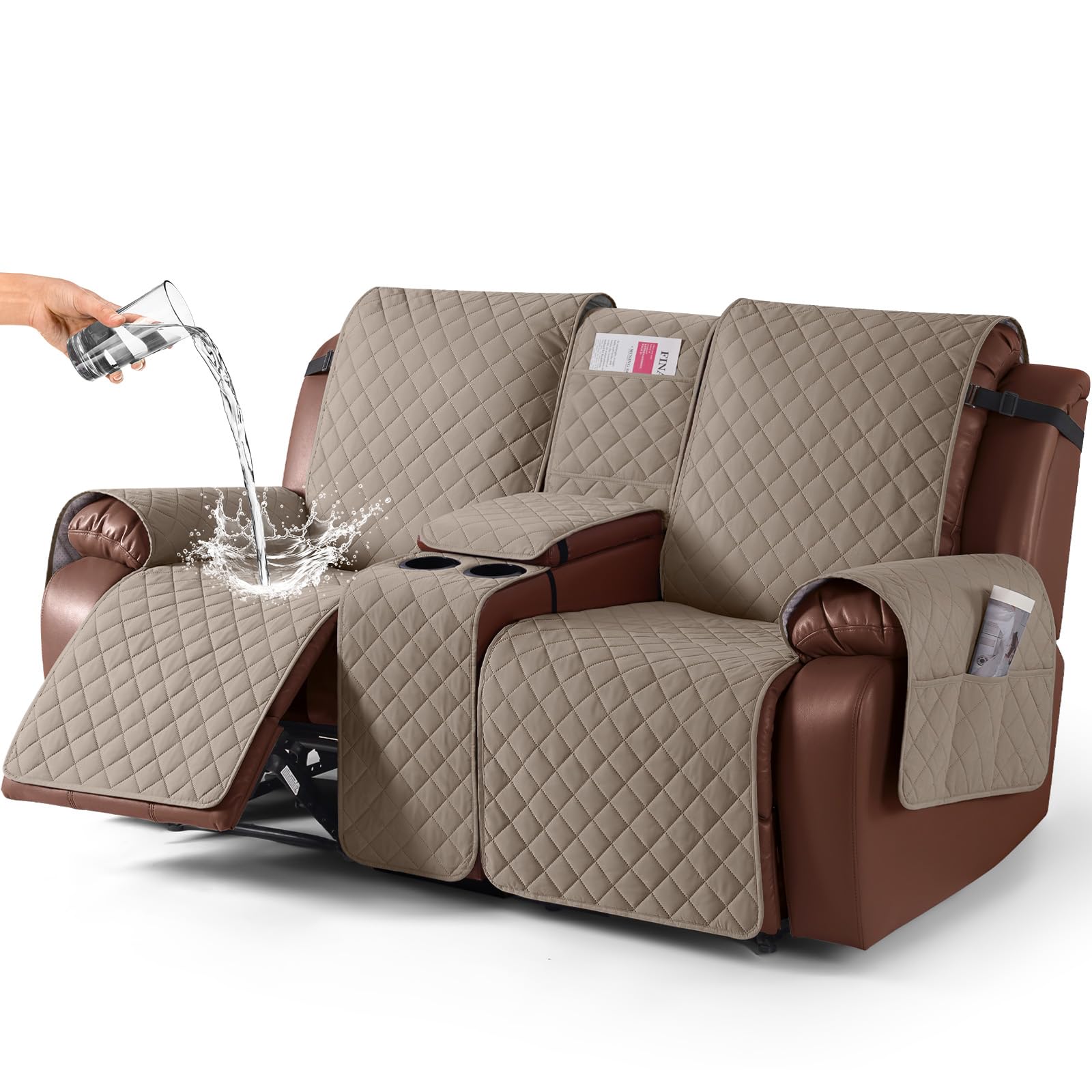 Photo 1 of KinCam 100% Waterproof Loveseat Recliner Cover with Console, Non-Slip Reclining Couch Covers for 2 Seat, Recliner Couch Cover Furniture Protector with Elastic Straps for Kids, Pets, Taupe