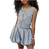 Floerns Girl's 2 Piece Summer Vacation Outfits Cute Striped Bow Sleeveless Tank Tops and Bubble Skirt Sets