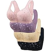 4pcs Daisy Bras for Older Women Padded No Underwire Snap Front Closure Full Coverage Comfort Senior Wireless Bralettes