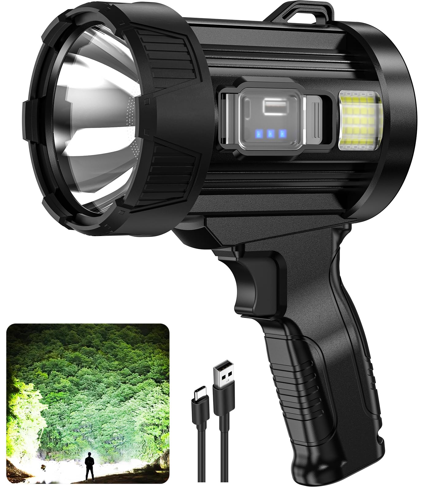Photo 1 of Kmivo Rechargeable Spotlight, 99,000 Lumens Super Bright Handheld Led Flashlight, Outdoor Spot Light with Cob Light and Solar Panelsfor Boating Camping