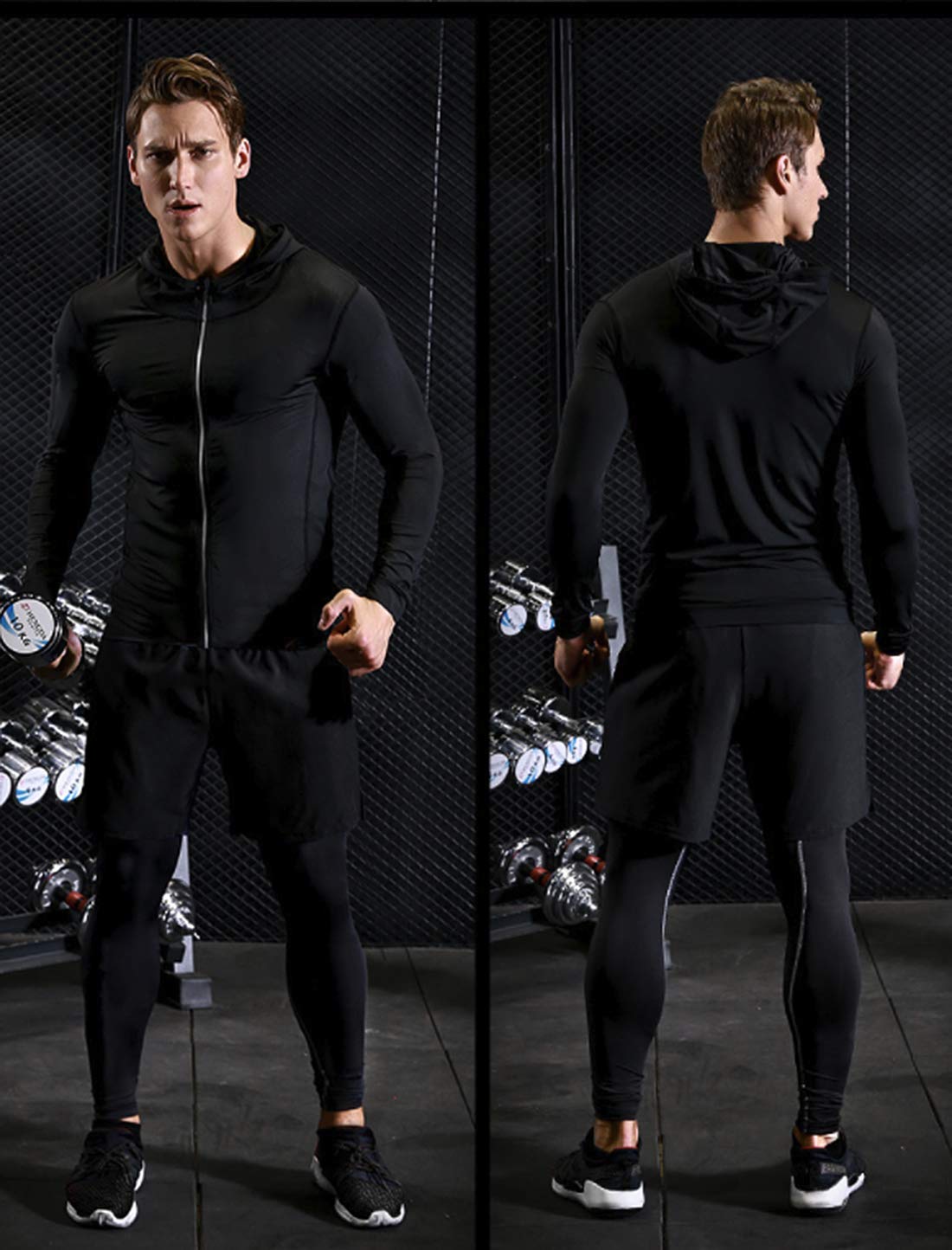 Foveitaa Men’s Compression Clothing 5-Piece Set, Training Wear, Breathable, Odor Resistant, Sportswear, Hoodie, Long Sleeve Shirt, Short Sleeve Shirt, Shorts, Tights, Sweat-Absorbent, Quick-Drying