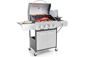 Captiva Designs 4-Burner Propane Gas BBQ Grill with Side Burner & Porcelain-Enameled Cast Iron Grates, 42,000 BTU Output Stainless Steel Grill for Outdoor Cooking Kitchen and Patio Backyard Barbecue