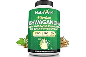 Nutrivein Premium Ashwagandha Capsules 1600mg with Black Pepper Extract - 120 Vegan Capsules - High-Absorption Ashwagandha Supplements from Pure Root Powder - Mood, Balance, Defenses, and Vitality