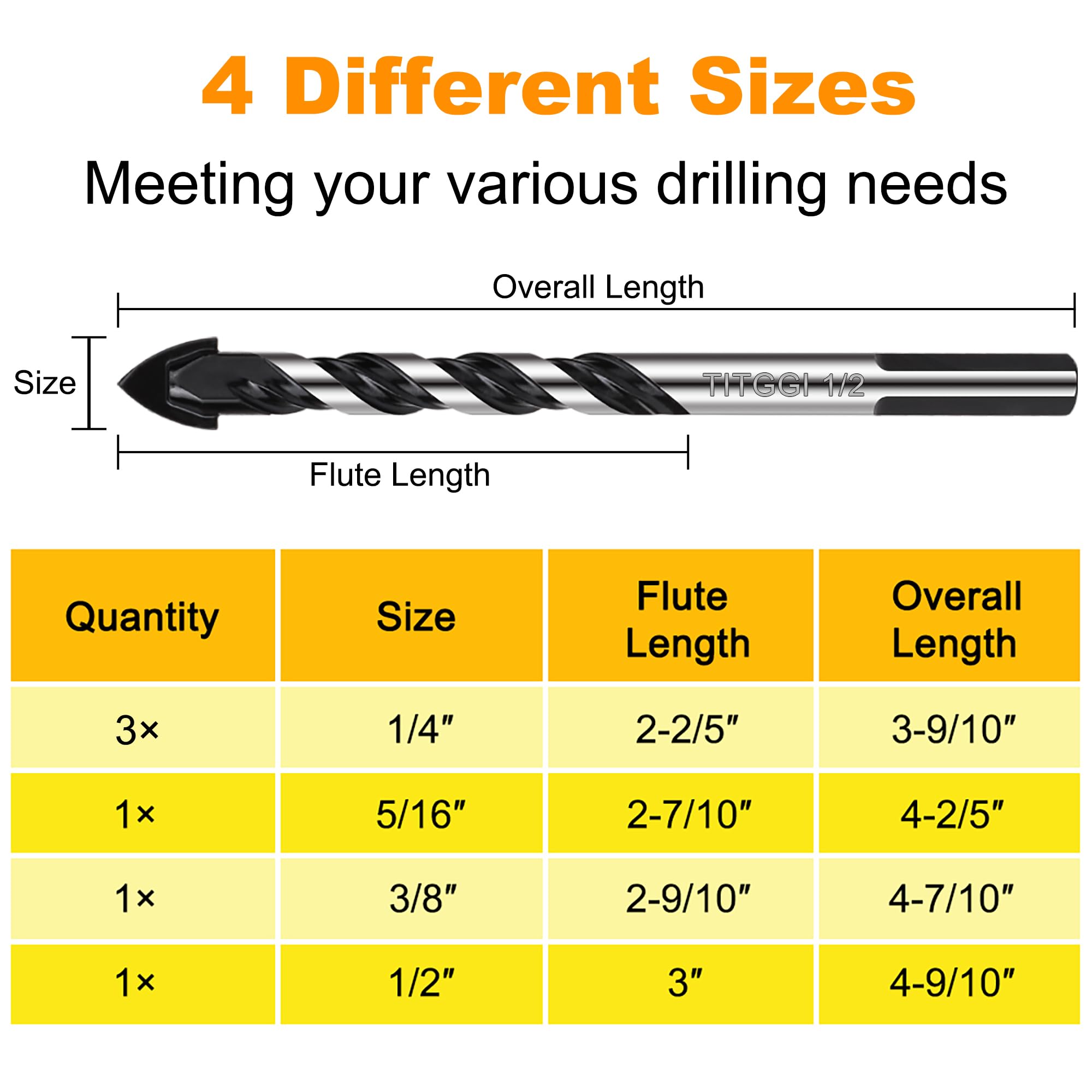 TITGGI Concrete Drill Bit & Masonry Drill Bit Set, Professional Drill Bit Set (6PCS) for Glass/Brick/Plastic/Cement/Wood/Tile/Etc, Industrial Strength Carbide Drill Bit Tip, 1/4