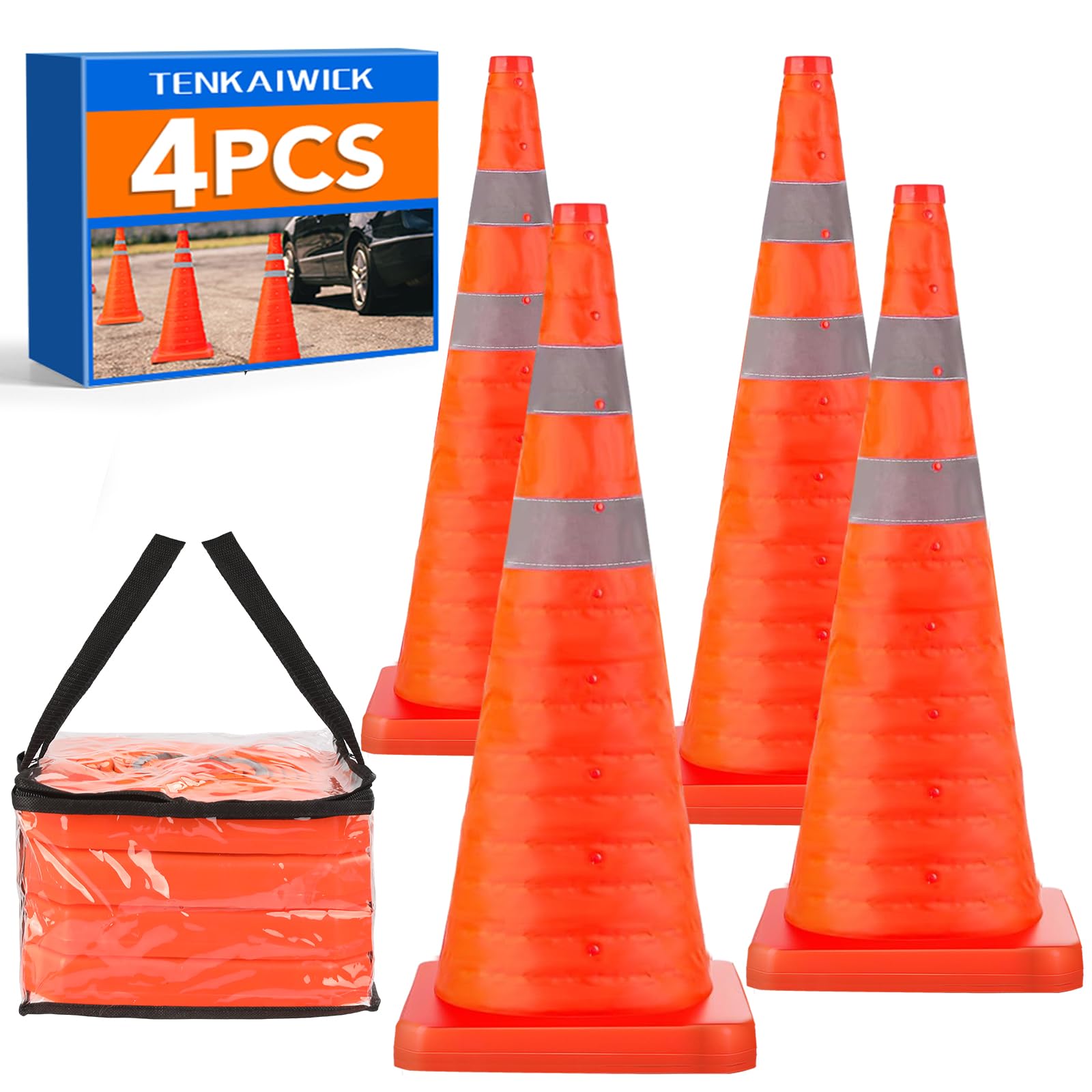Photo 1 of [4 Pack]28 Inch Collapsible Traffic Safety Cones with Storage Bag- Parking Cones with Reflective Collars for Road Safety, Orange Safety Cones for Parking lot, Driveway, Driving Training