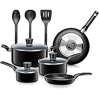 SereneLife Kitchenware Pots & Pans Basic Kitchen Cookware, Black Non-Stick Coating Inside, Heat Resistant Lacquer (11…