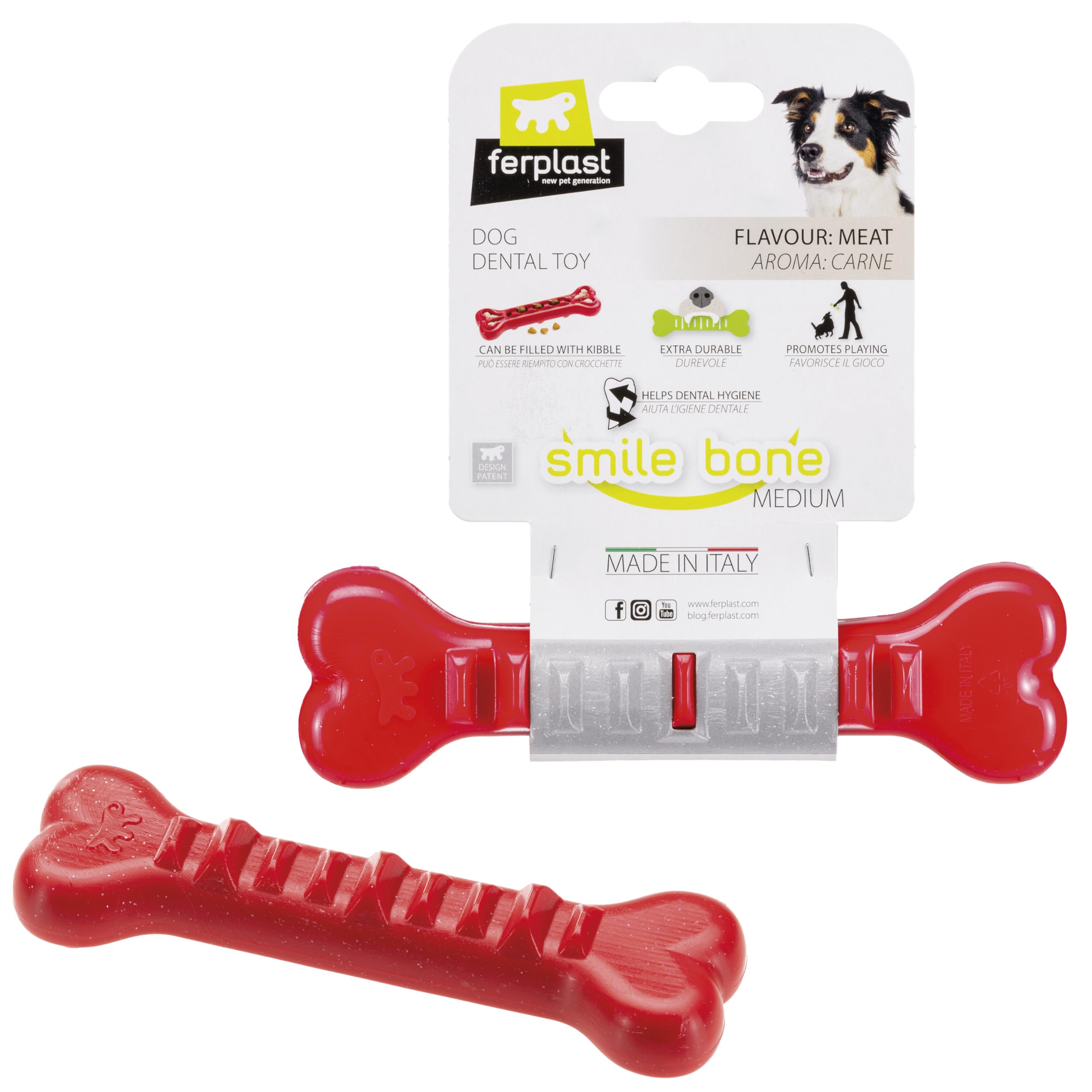 Ferplast Dog Toy, Dog Treat Dispenser Bone, Chew Toy, Made of Durable Material, Meat Flavoured, for Dog Dental Hygiene, SMILE Dog Bone, Medium Size Dog Toys, Red