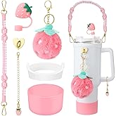 Domensi 6 Pcs Pink Strawberry Accessories Set Compatible with Stanley Cup, Pink Water Bottle Handle Strap Tumbler Silicone Straw Cover Charm Strawberry Plush Keychain Gift Decoration