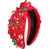 NVENF Jeweled Plaid Headband with Embellished Crystals and Pearls - Knotted Wide Top Knot Hair Accessory for Women, Holiday Outfits & Gifts