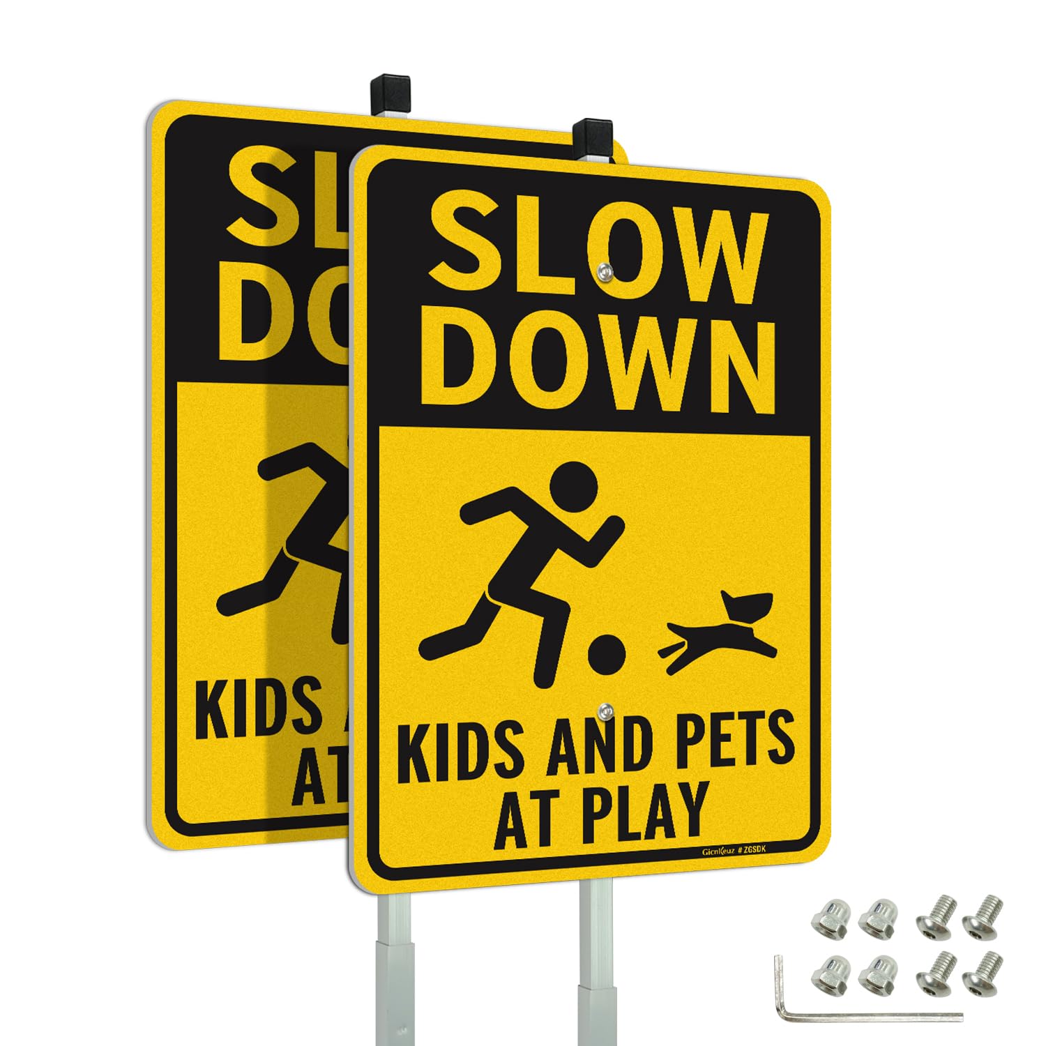 Photo 1 of GicnKeuz Slow Down Metal Sign with 36" Metal Stakes, 14"×10" Kids and Pets at Play Sign, Reflective Aluminum, Fade Resistant/Waterproof, Including Screws, Easy to Install, Outdoor Use (2 Pack)