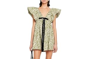 Sastianaen Women Y2k Floral Print Mini Dress Boho V Neck Puff Sleeve Short Dress Bow Tie Flowy Dress Beach Sundress