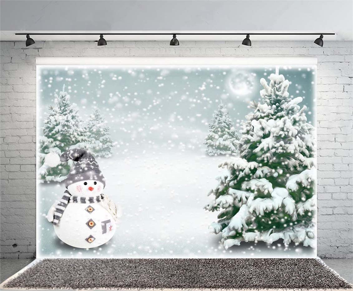 Haosphoto 7X5FT/210X150cm Thin Vinyl Photography Backdrops Falling Snowflakes Snowman Winter Scene Christmas Tree Merry Christmas Background Photo Studio Props PD185