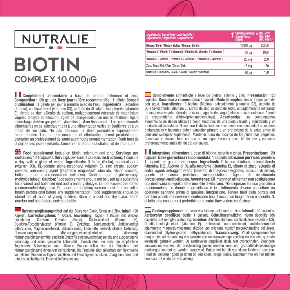 Biotin for Hair 10000 mcg - Vitamins E D Zinc Selenium - for Men and Women - 120 Capsules Vegetarian Nutralie - Image 3