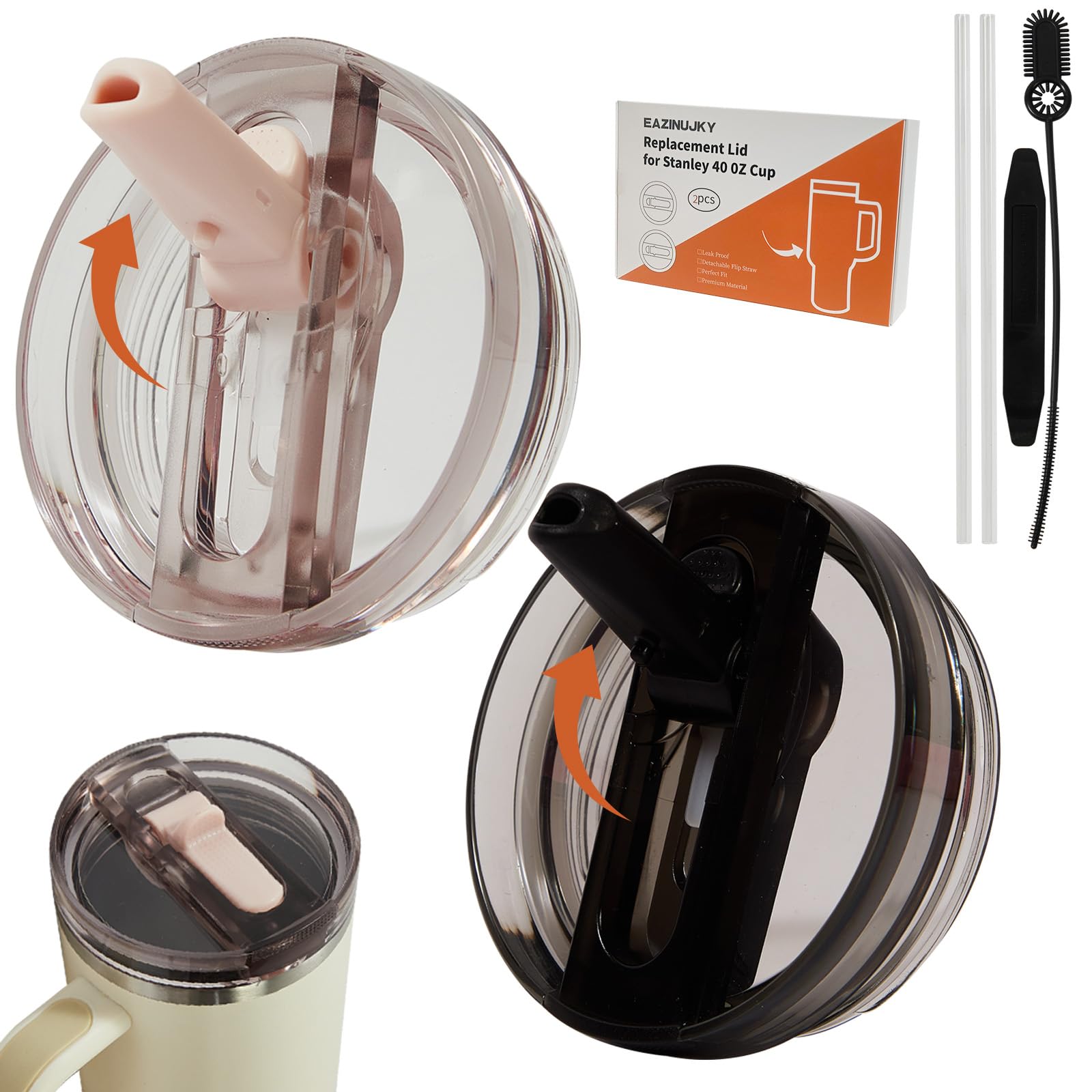 Photo 1 of **PARTIAL SET/ONLY 1 ** 2 Pack Detachable Flip Straw Lid for 40oz Stanley Quencher and ProTour, Leak-Proof No-Spill Replacement Lids with Straws & Cleaning Kit, Black & Sugar Pink
