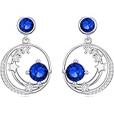 Seiyang Moon Star Birthstone Earrings 925 Sterling Silver Crescent Moon Star Dangle Drop Earrings with 12 Months Birthstone Vintage Jewelry Gifts for Women Mom Her