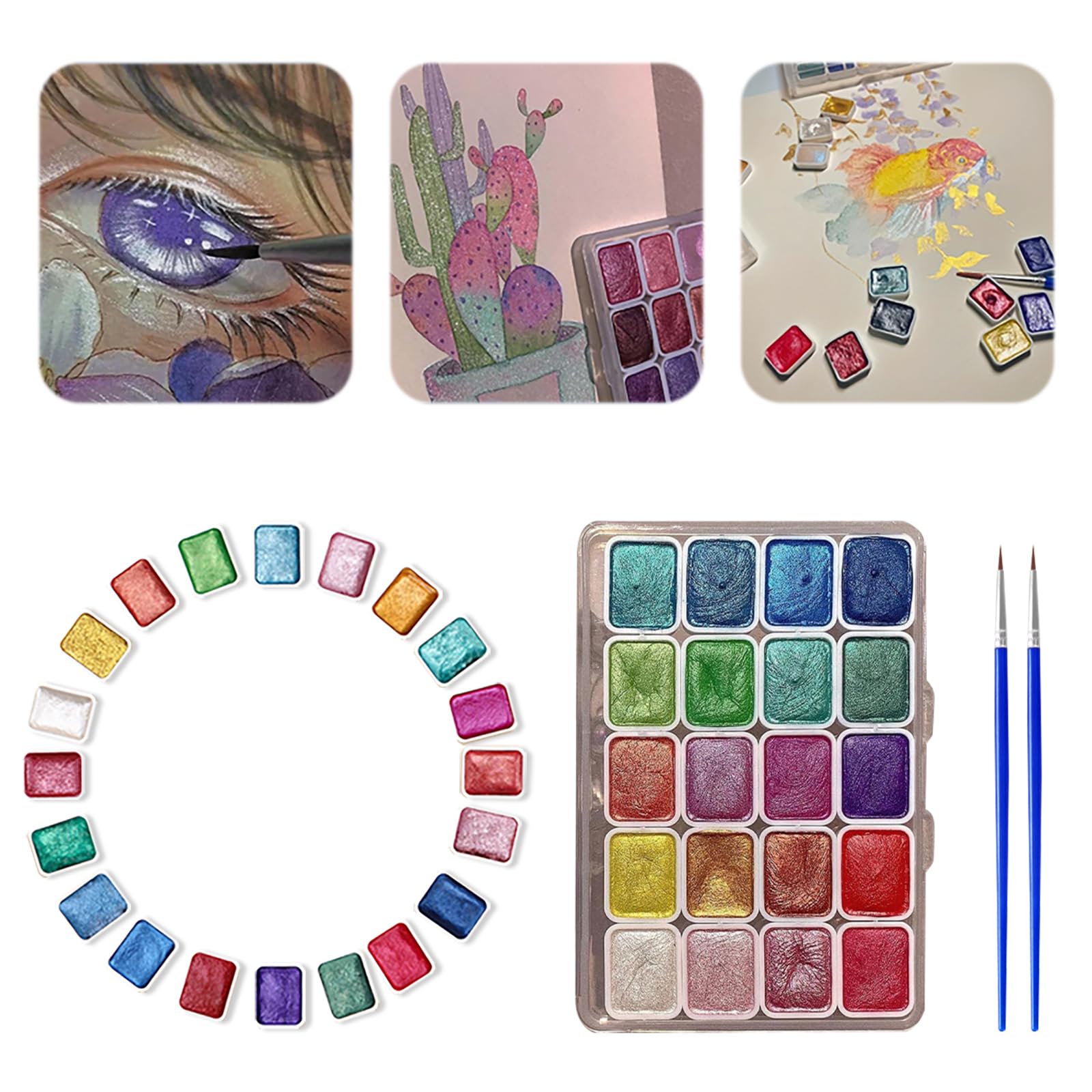 nnOuOnn Shifting Metallic Watercolour Paints Set, 20 Color Mini Travel Glitter Gouache Water Colour Painting, Colouring Brushes Cards Art Forestey Pearlescent Solid Kids Adults Beginners Artists