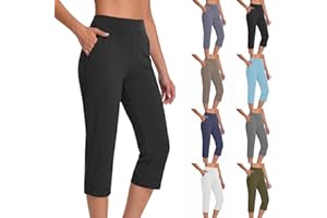 Womens Capri Pants High Waisted Straight Leg Yoga Capris Leggings Summer Workout Stretch Cropped Pant with Pockets
