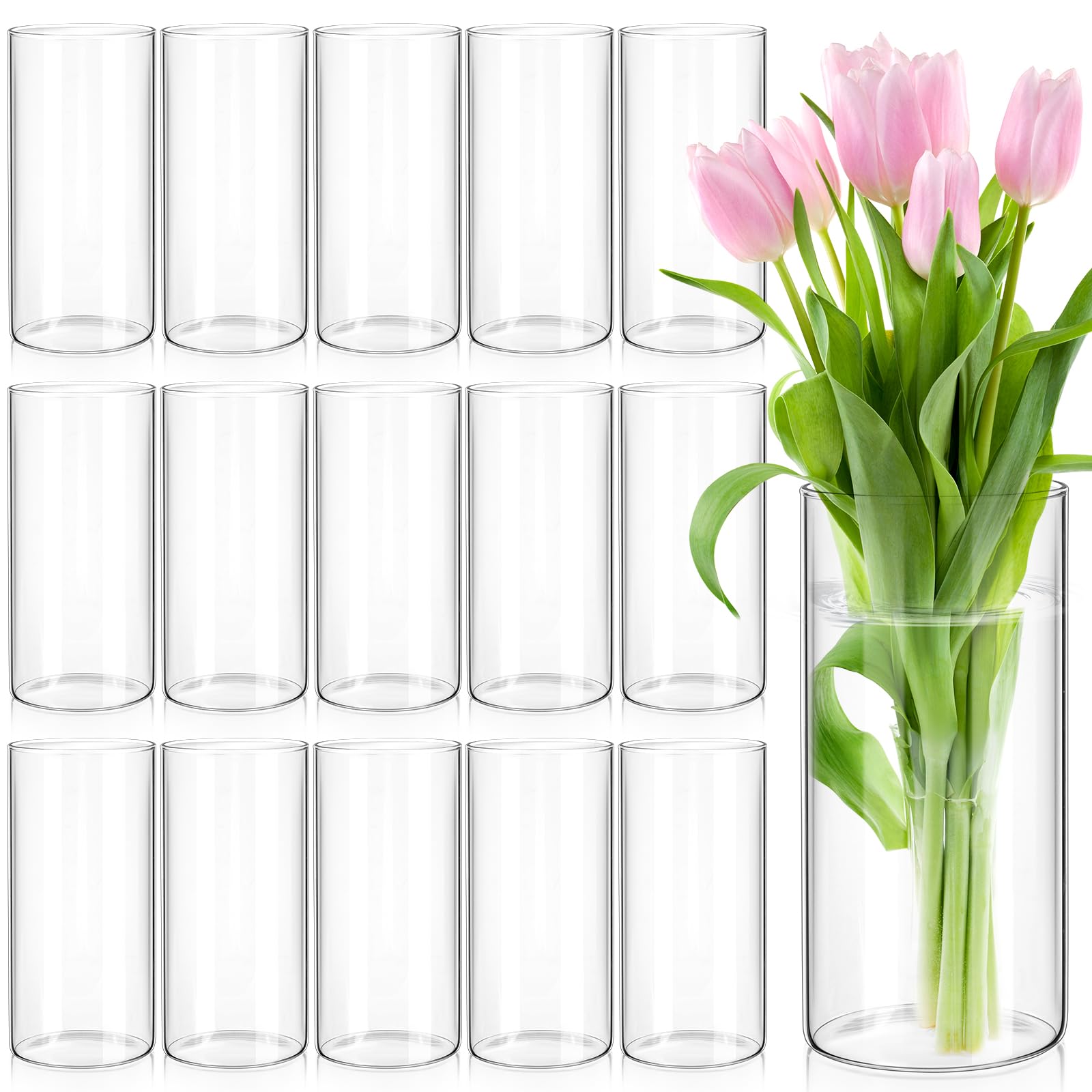 Photo 1 of 15 Pcs Glass Cylinder Vase for Centerpieces 10 Inch Tall Glass Flower Vases Modern Clear Hurricane Candle Holder Floral Vase Bulk for Table Shelf Party Home Wedding Decor (10 x 3.35 Inch)