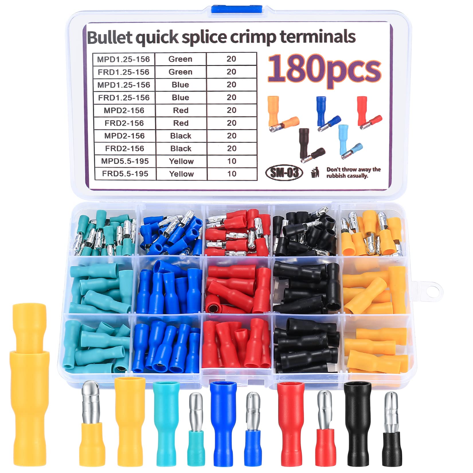 180 Pcs Electrical Crimps Connectors, Insulated Male and Female Bullet Butt Connectors, Wire Terminal Cable Connector for Electrical udio Wiring Cables
