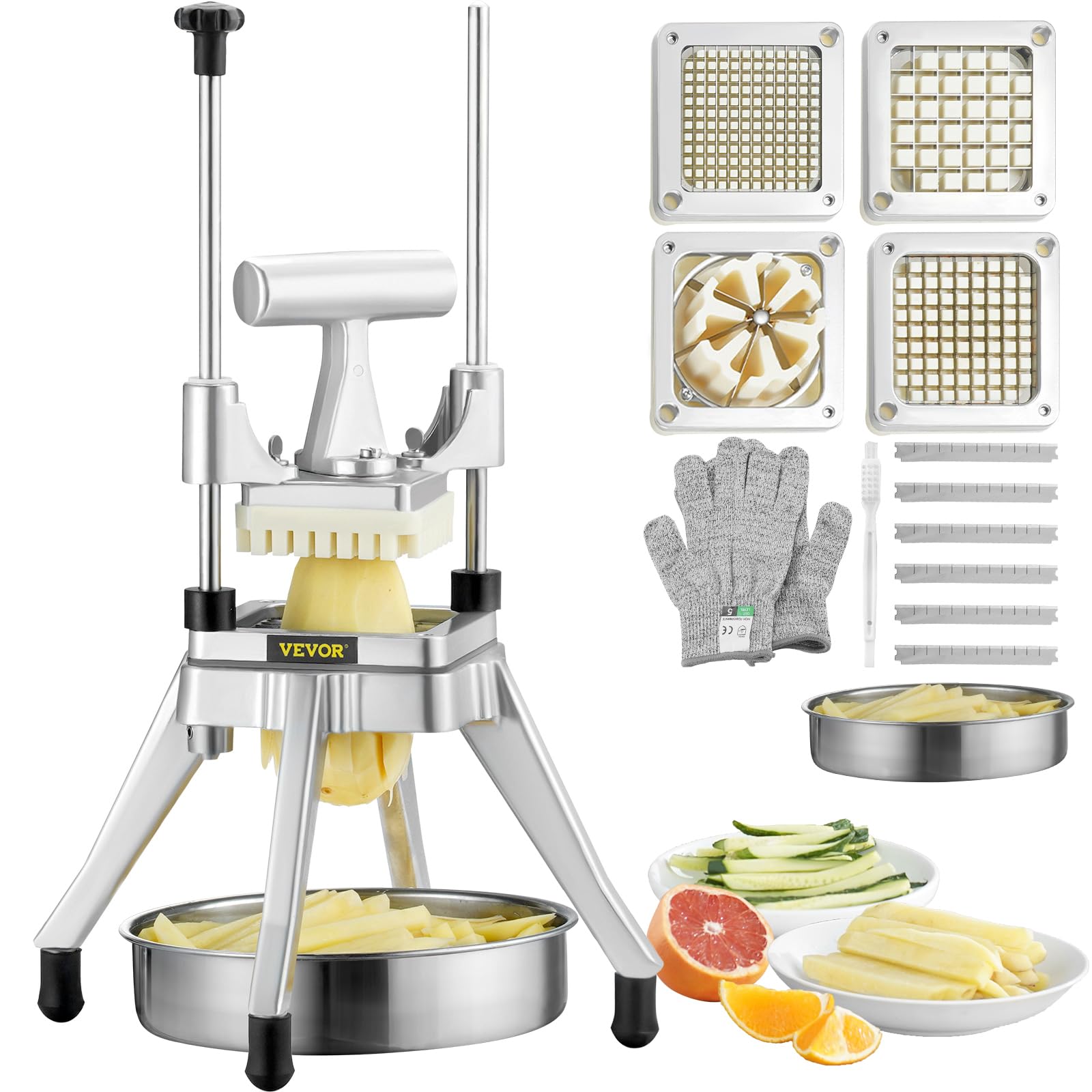 VEVOR Commercial Vegetable Fruit Chopper, Stainless Steel French Fry Cutter w/ 4 Blades 1/4" 3/8" 1/2", Vegetable Chopper Dicer w/Stainless Bowl, Heavy Duty Cutter for Potato Tomato Onion Mushroom Image