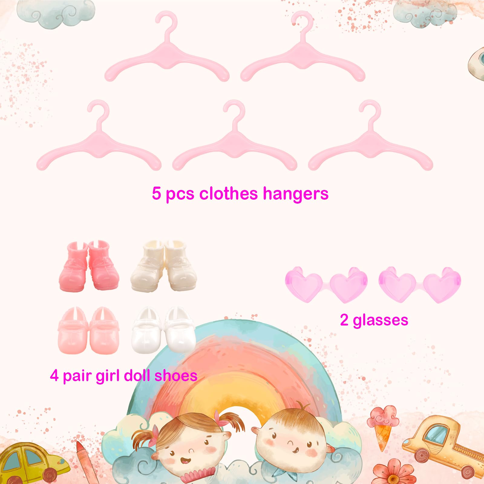 Miunana 25 PCS 5.3 Inch Girl Doll Clothes Dress Outfits and Shoes with 4 Pairs of Shoes for 4-6 Inch Girl Dolls Clothes and Accessories Doll Top and Pants Wings