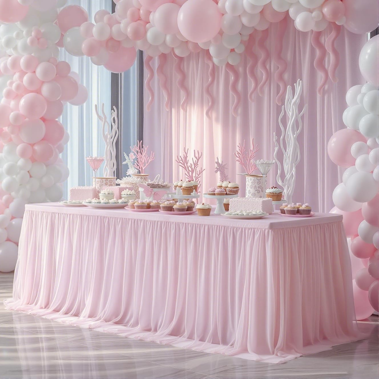 Photo 1 of 2-in-1 Pink Tulle Table Skirt Tablecloth for 6 Foot Rectangle Tables, Pink Ruffle Tutu Table Skirt Stretch Fitted Table Covers for Bridal/Baby Shower Girls Birthday Princess Themed Party