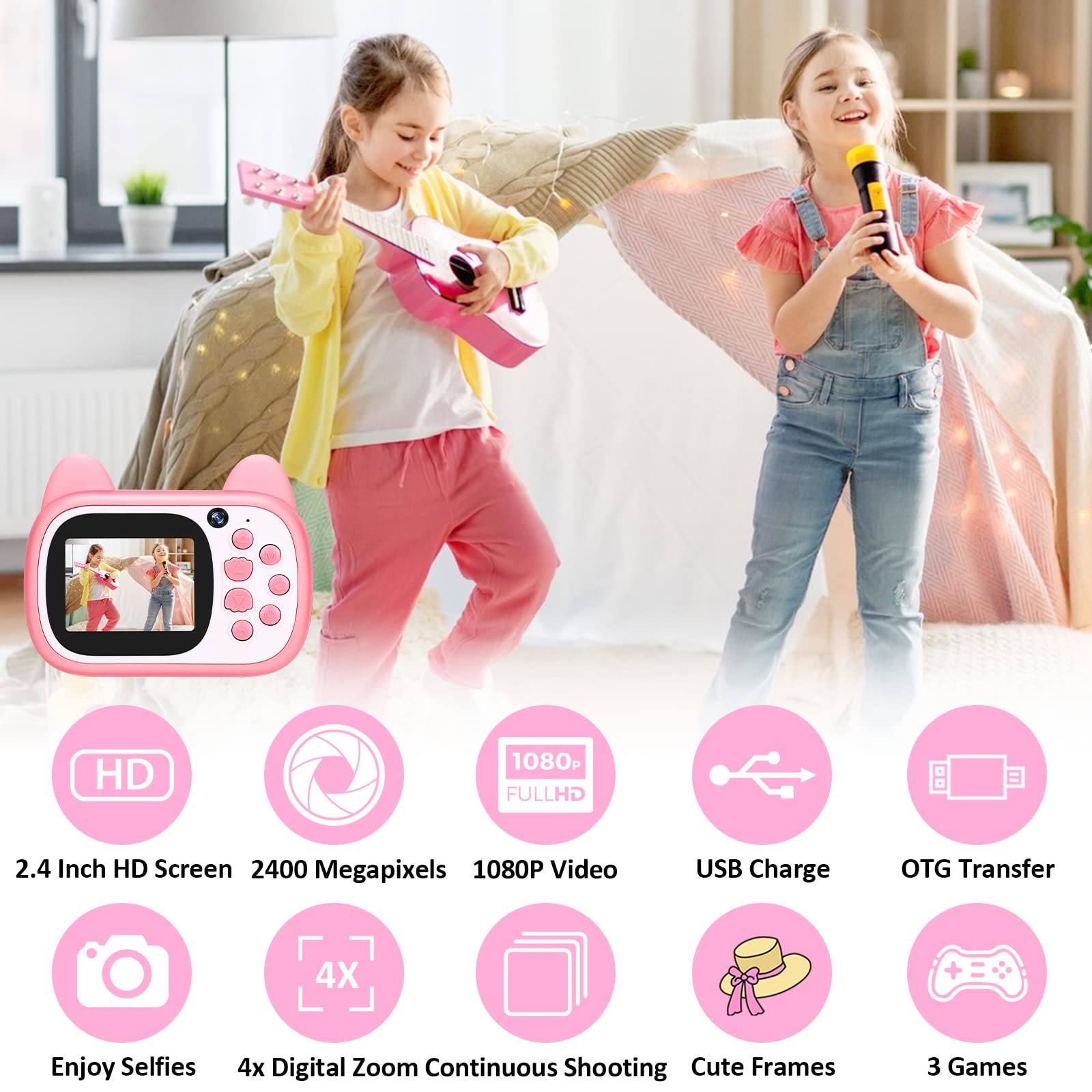 1080P HD Selfie Video Kids Camera Toys with 32GB SD Card, Digital Camera for Kids,Toddler Camera for Girls & Boys as Birthday Gifts, Pink