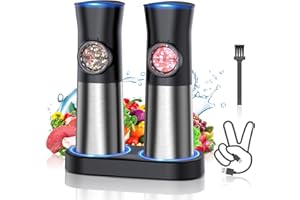 PSOS Gravity Electric Salt and Pepper Grinder Set - USB Rechargeable Automatic Grinder - Generous Capacity - Adjustable Fineness - One Handed Operation, Stainless Steel Construction, LED Light