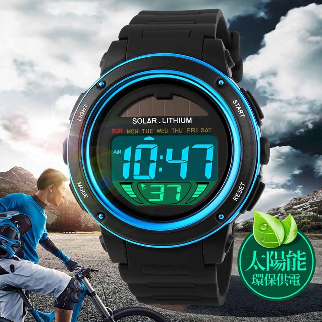 Fanmis Multi Function Alarm Stopwatch Digital LED Quartz Watch Solar Power Black Sports Watches (Blue): Watches