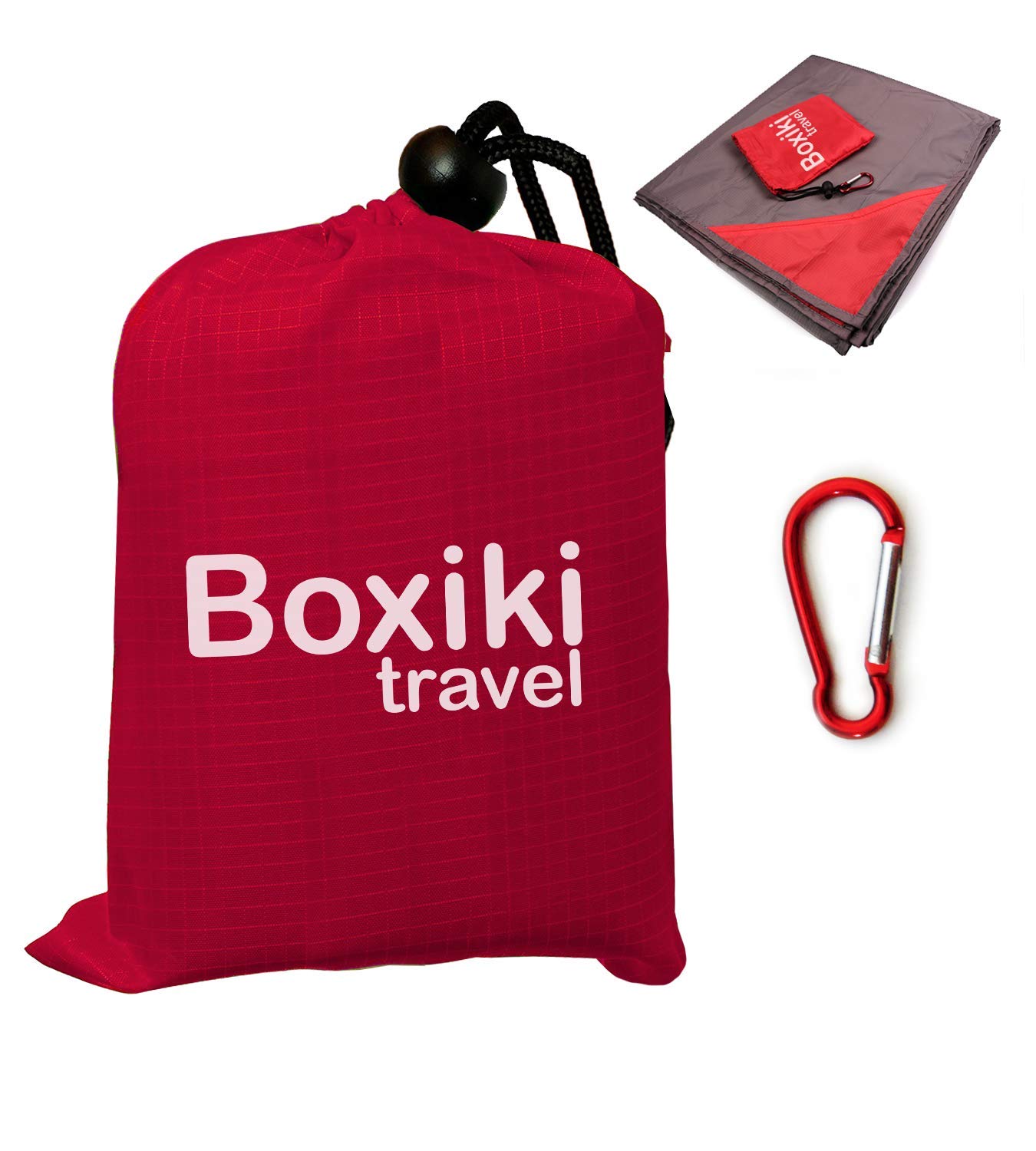 Boxiki Travel Compact Waterproof Pocket Beach Blanket Portable Lightweight Folding Tarp with Red Travel Case. Outdoor Picnic Camping Blanket with Easy Attachment Clip Accessory.