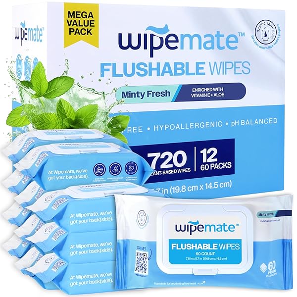 WIPEMATE ULTRA FLUSHABLE BUTT WIPES, MADE/W SOOTHING VITAMIN E & ALOE, 99% WATER, MINTY FRESH PREMIUM SUPER SOFT HYGIENE WIPES, SEPTIC & SEWER SAFE, 12 PREMIUM FLIP-TOP PACKS, 60 WIPES PER PACK 720CT