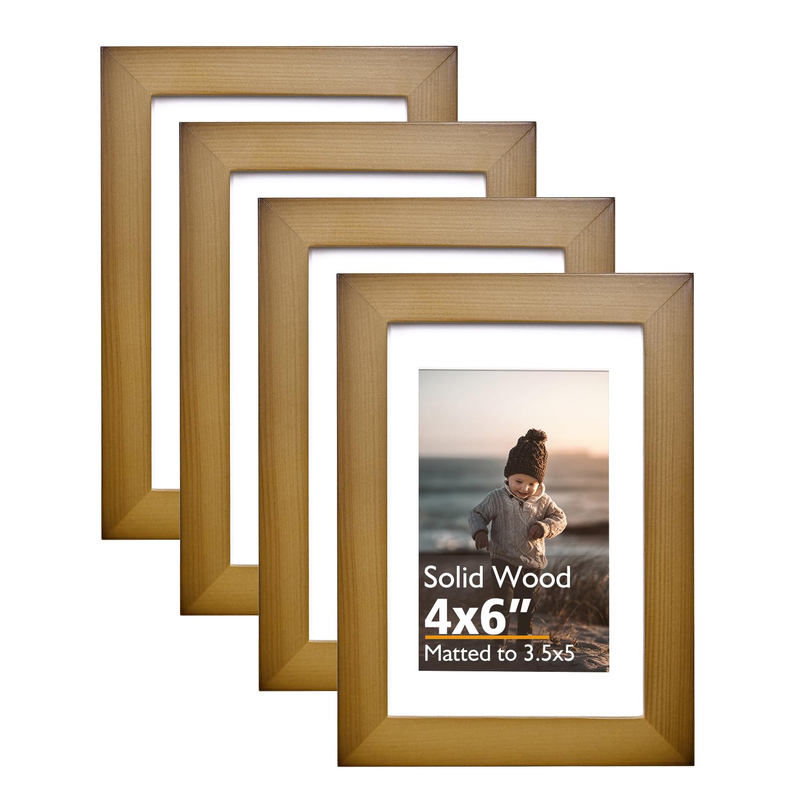 KINLINK 6x4 Picture Frames Brown, Wood Frames with Acrylic Plexiglass for Pictures 5x3.5 with Mat or 6x4 without Mat, Tabletop and Wall Mounting Display, Set of 4