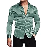 URRU Men's Luxury Shiny Silk Like Satin Dress Shirt Long Sleeve Casual Slim Fit Muscle Button Up Shirts