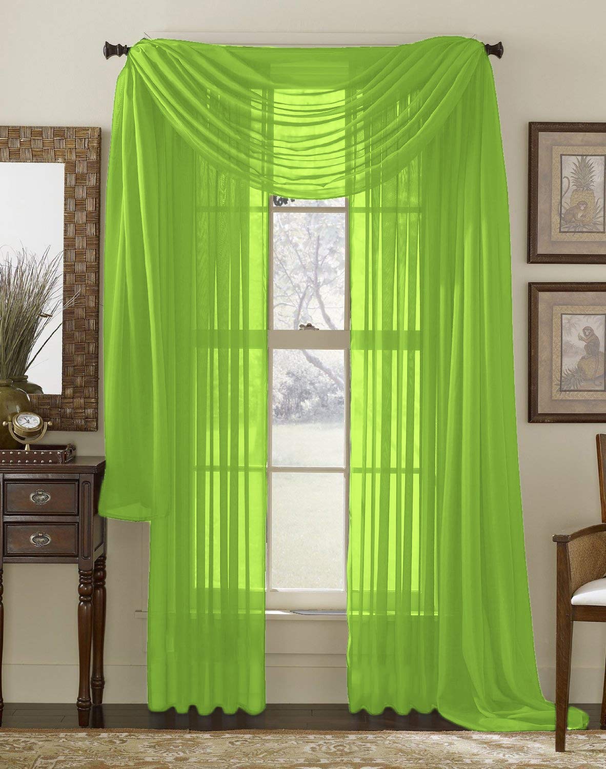 Interior Trends 3 Piece Fully Stitched Sheer Curtain Panel Window Drapes and Scarf Set of 2 Panels and 1 Matching Scarf (95" Long, Lime Green)
