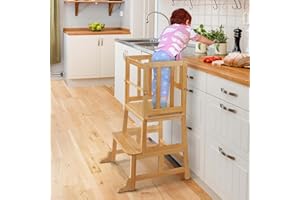 COSYLAND Kids Kitchen Step Stool，Toddler Standing Tower with CPC Certification, Removable Anti-Drop Railing Safety Rail Unique Patented Design Anti-tip Structure More Stable, 1.5-3 yrs Natural Bamboo