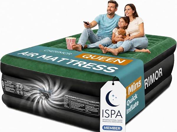 CHERIMOR QUEEN AIR MATTRESS WITH BUILT-IN PUMP, 18″ RAISED COMFORT, 800LBS HEAVY-DUTY SUPPORT, ANTI-SAG HORIZONTAL BEAM, LEAK-RESISTANT DESIGN, 3-MIN FAST INFLATION BLOW UP BED FOR GUESTS & CAMPING