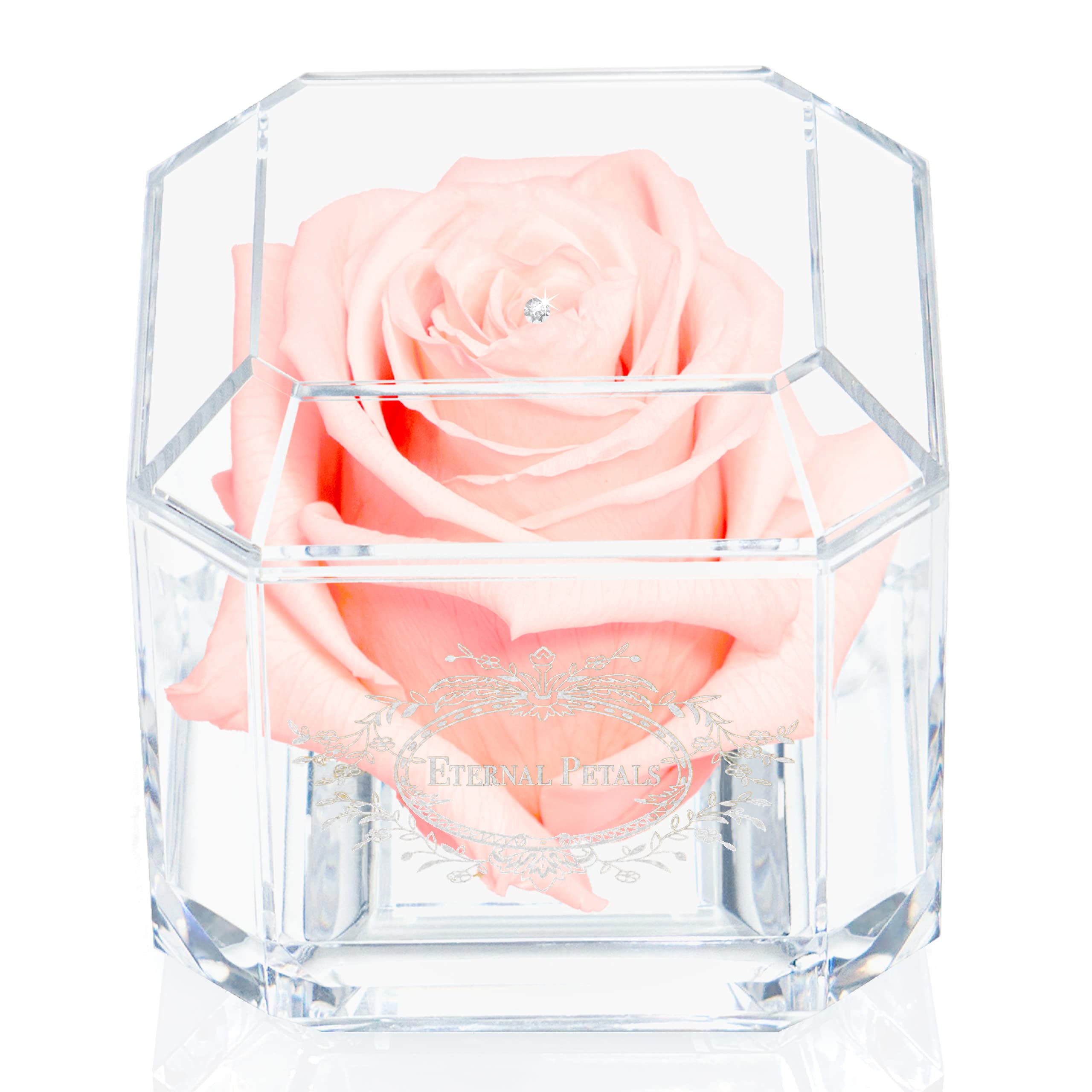 A 100% Real Rose That Lasts Years - Eternal Petals, Handmade in UK – White Gold Solo with A Clear Crystal (Blush) — image 1