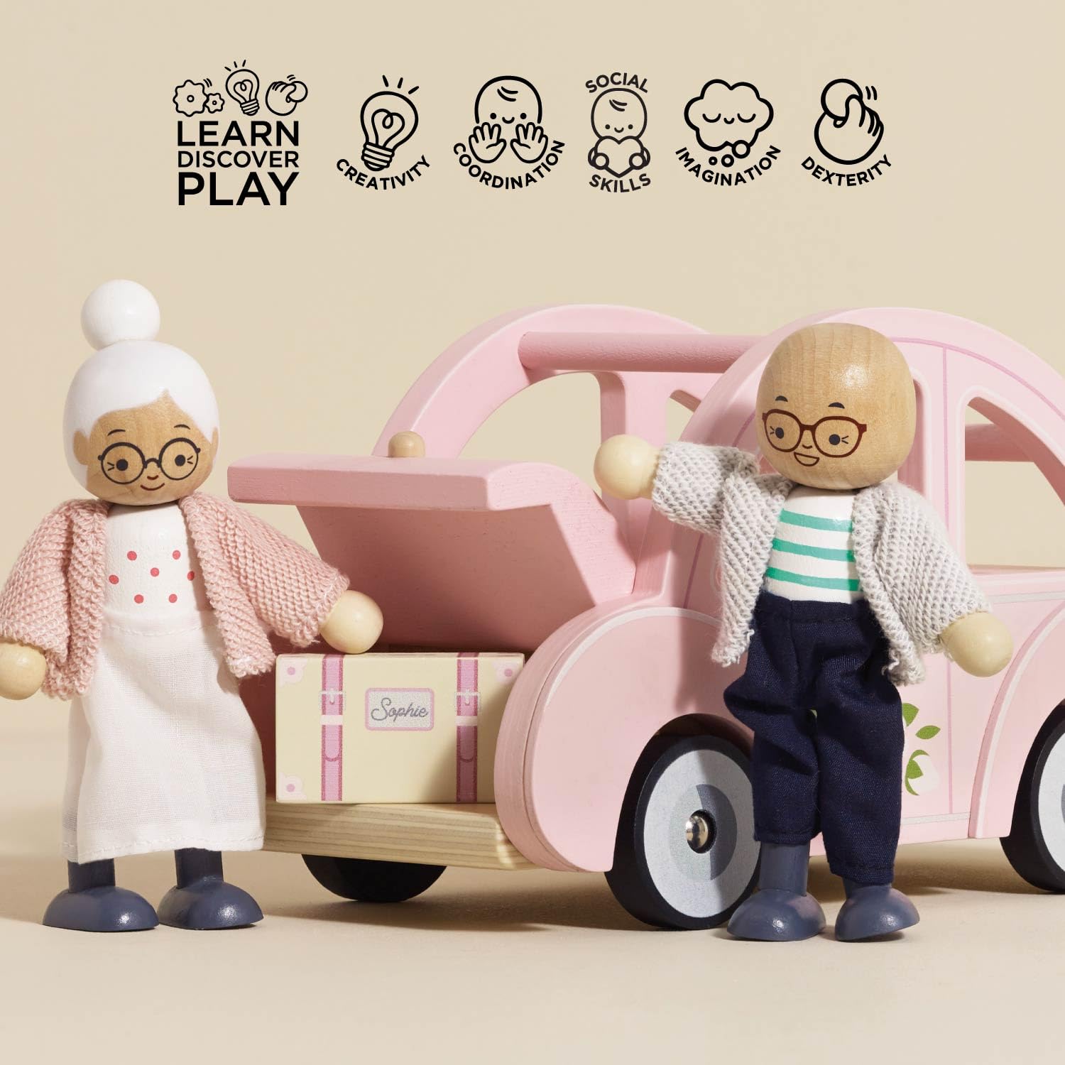 Le Toy Van - Wooden Daisylane Sophie's Car Accessories Play Set for Dolls Houses - Wooden Car Toy with Luggage Accessory - Dollhouse Accessories - Suitable for Ages 2+,Bright Pink, Medium