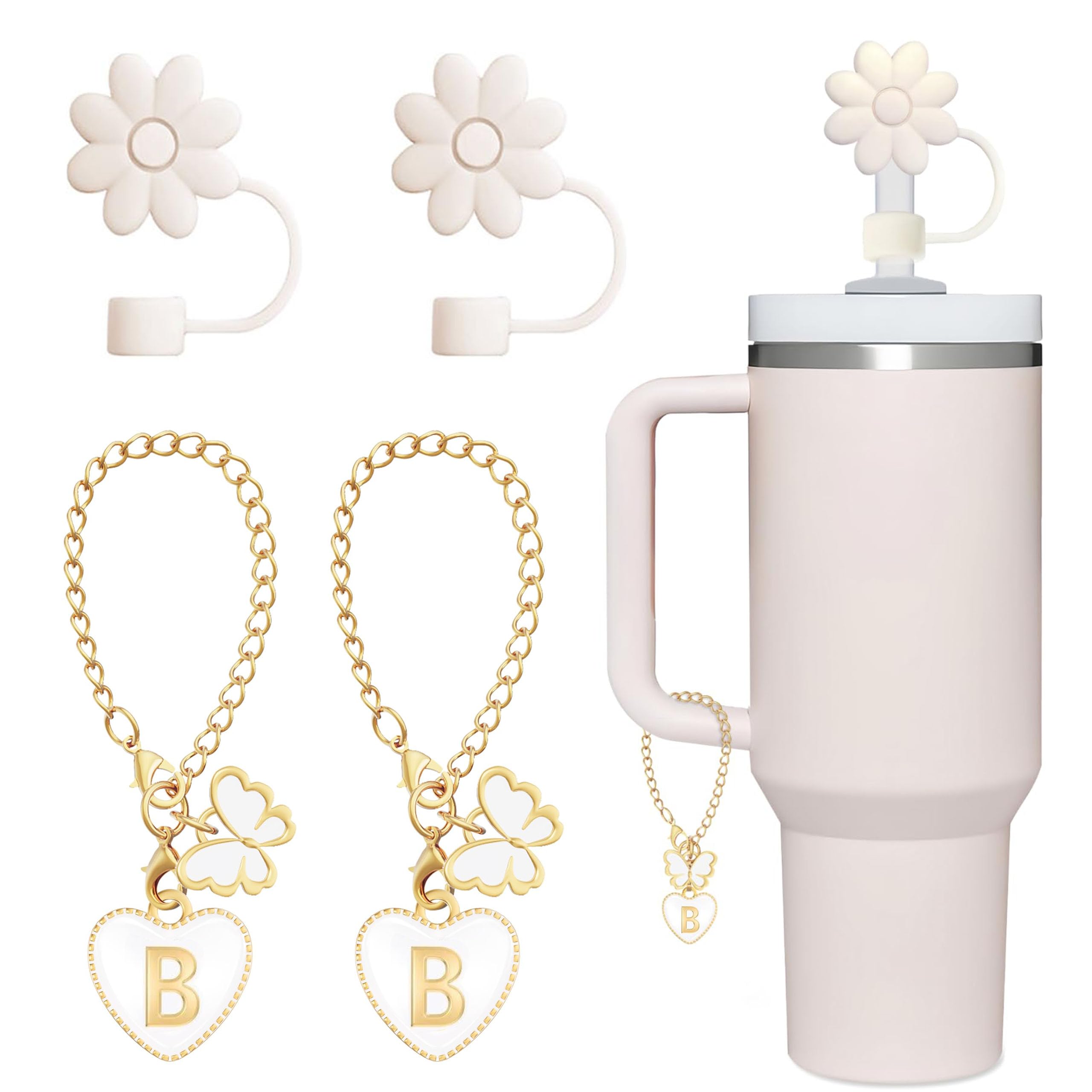 EnigmaDrops Compatible with Stanley Cup Accessories, 2PCS Butterfly Letter Charms with 2PCS 10mm Stanley Straw Cover Cap for Stanley Cup 30&40 Oz, Silicone Stanley Straw Toppers for Stanley Tumbler(B)